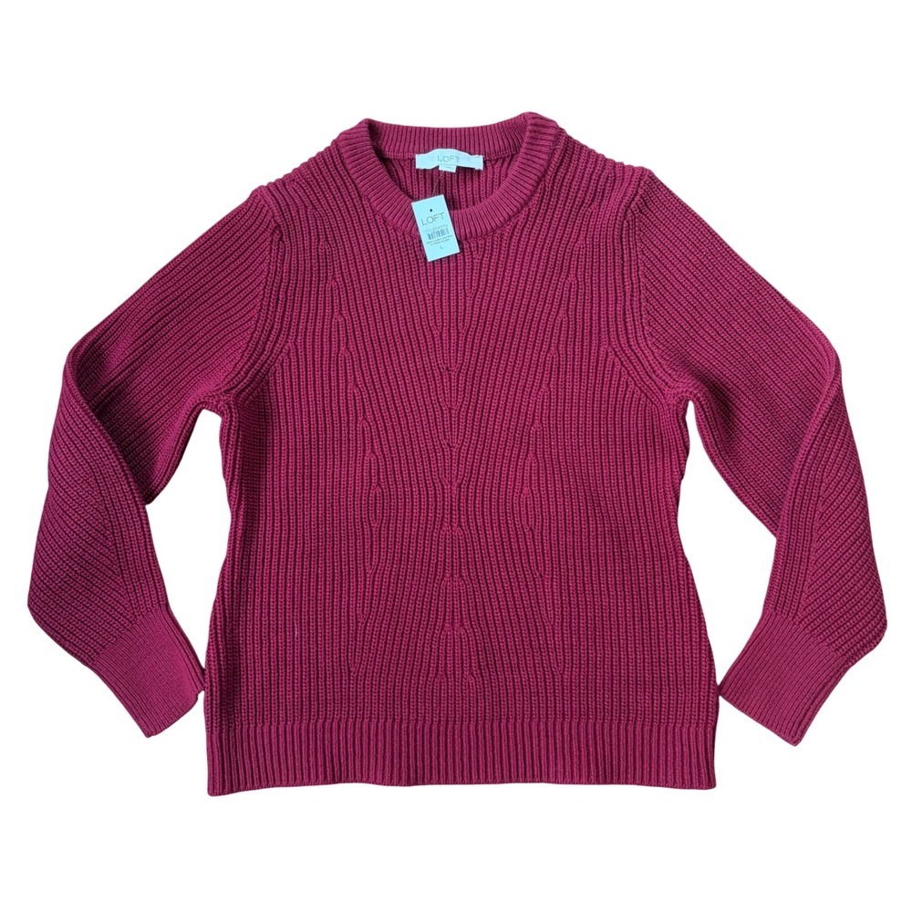 NWT LOFT Burgundy Shaker‎ Stitch Crewneck Sweater Large Preppy Classic Fall